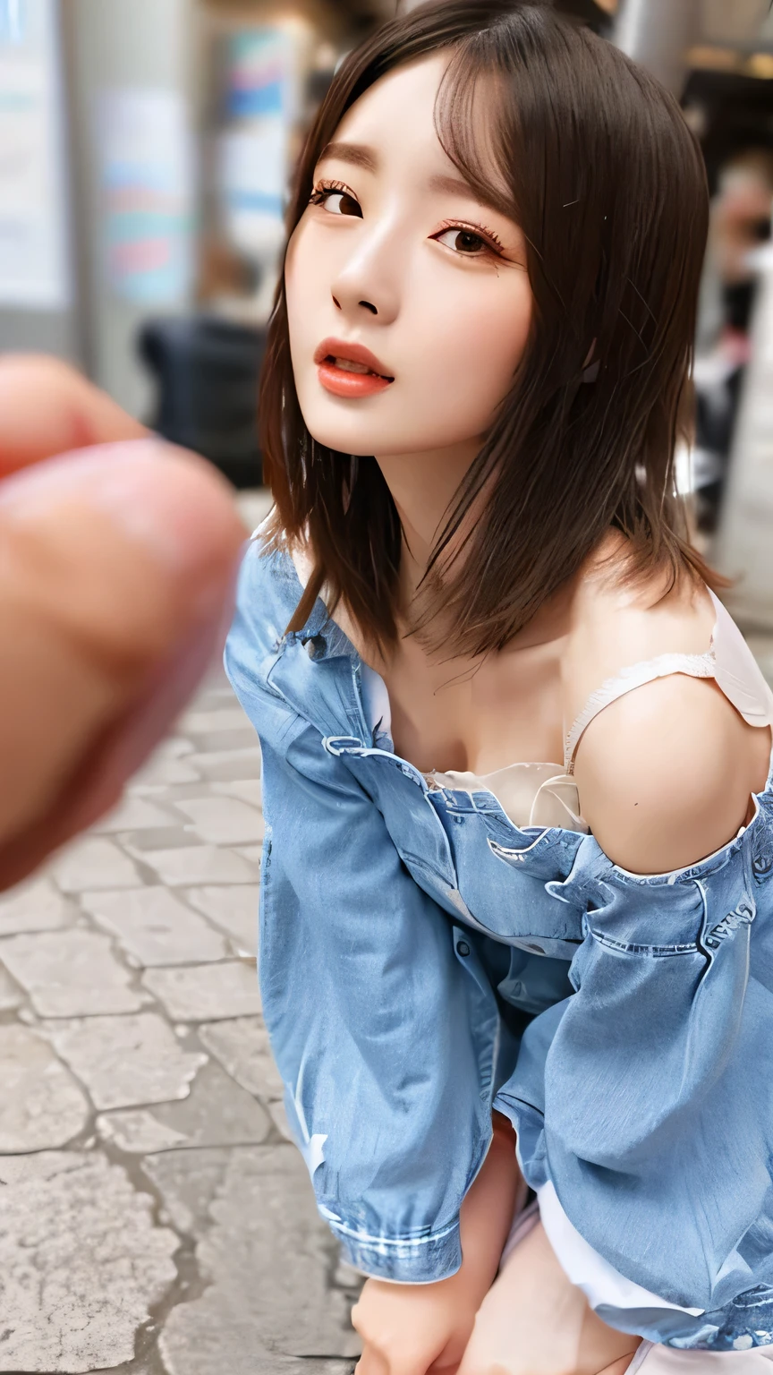(8K、Raw photo、Highest quality、masterpiece:1.2)、(Realistic、Photorealistic:1.37)、Ultra-detailed、Ultra-high resolution、Beautiful and well-proportioned face,Asian、She has a dildo、I close my eyes and feel、Brown long curly hair、Lip gloss(Wet lips、Beautifully detailed skin、Skin Texture、Professional Lighting、Bust Emphasis、Off the shoulder、Denim Skinny、Full body shot、whole body