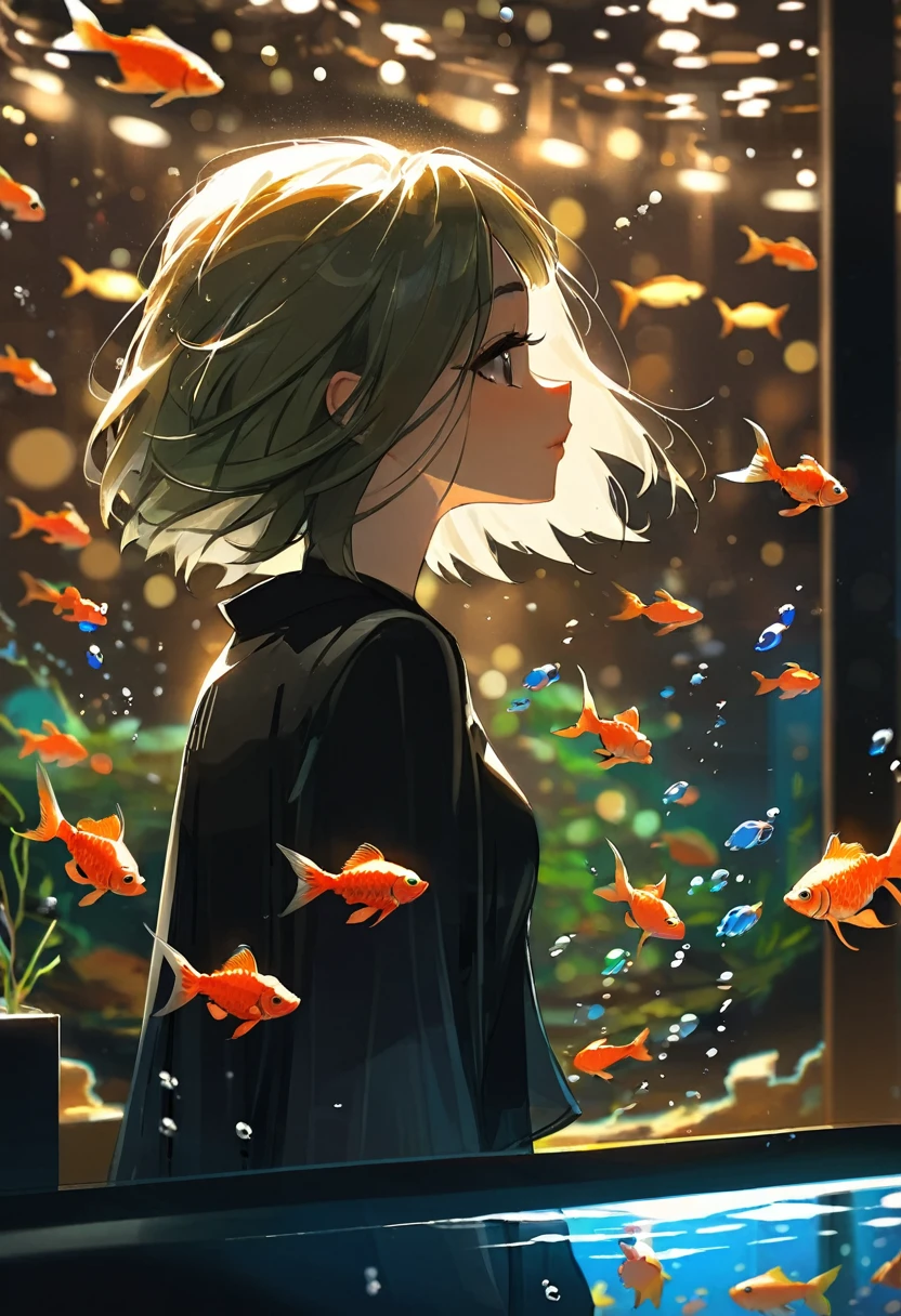 A beautiful lady, bob cut hair, watching gold fish in fish tank, side profile, extreme detail, cinematic, cinematic lighting, bokeh, very realistic, focus on face