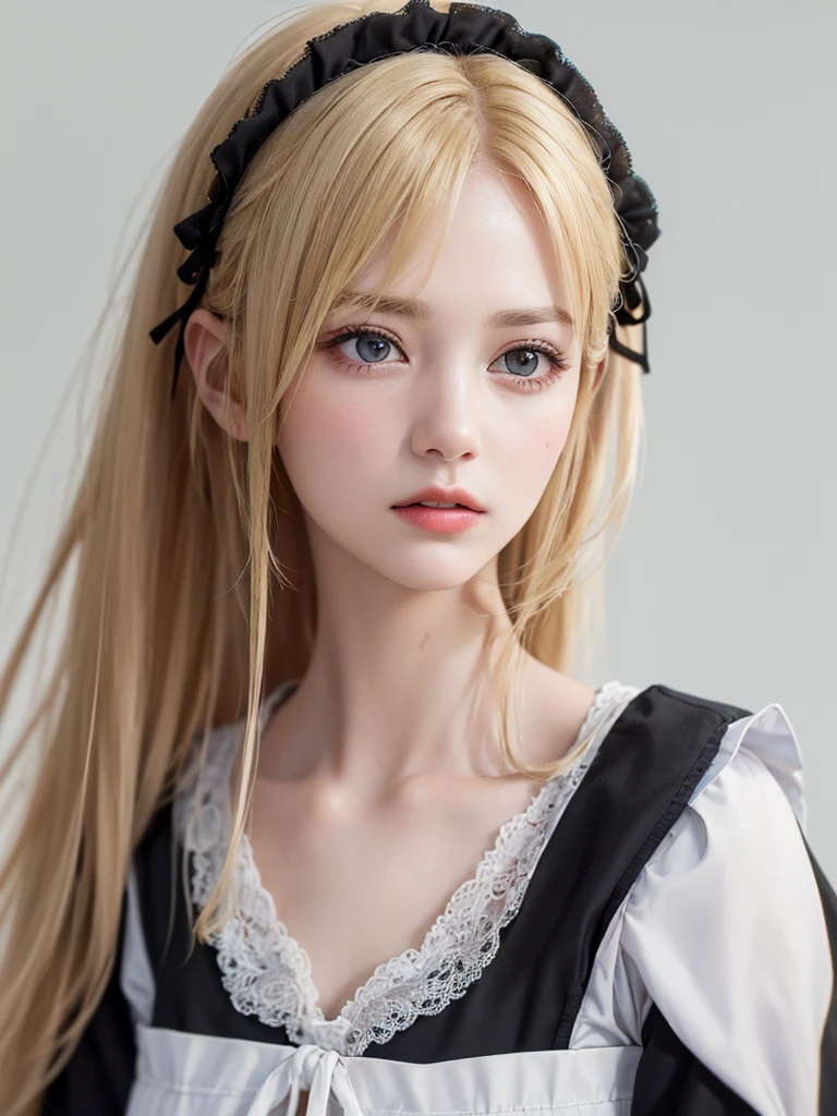 (Highest quality、8K、32k、masterpiece)、(Realistic)、(Realistic:1.2)、(High resolution)、Very detailed、Very beautiful face and eyes、1 Girl、Round and small face、Tight waist、Delicate body、(close、Highest quality、Attention to detail、Rich skin detail)、(Highest quality、8K、Oil paint:1.2)、Very detailed、(Realistic、Realistic:1.37)、Bright colors、(((blonde)))、(((Bust Shot)))、(((Long Hair)))、(((White wall background)))、(((White wall background)))、(((黒のMaid clothes)))、(((Also々Has a cunning look)))、(((Serious face)))、(((Maid clothes)))、(((Look straight ahead)))、(((Long golden hair)))、(((Teeth are visible)))、