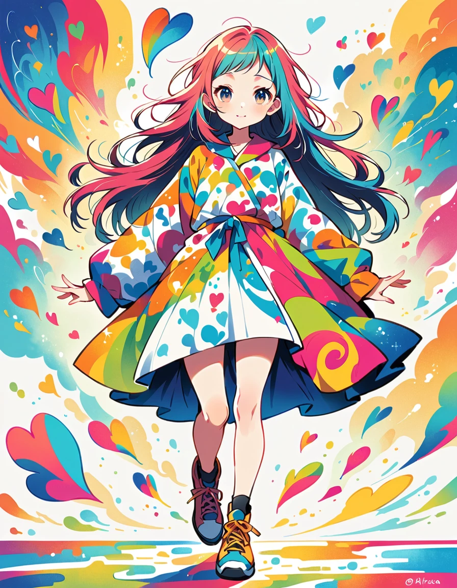 Mika Pikazo style, Simple Line Initialism，Abstract art，Urban Background, colorful hearts ,colorful hearts, (((The most beautiful girl of all time))), walking, Cute and colorful amoeba