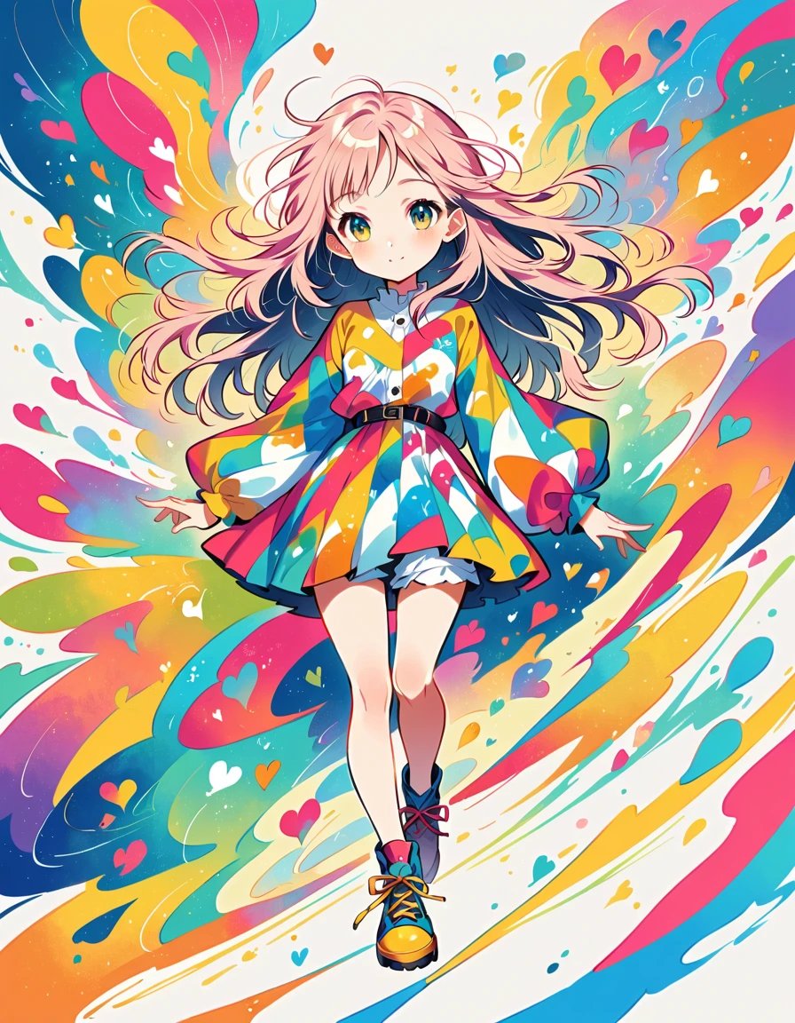 Mika Pikazo style, Simple Line Initialism,Abstract art,Urban Background, colorful hearts ,colorful hearts, (((The most beautiful girl of all time))), walking, Cute and colorful amoeba