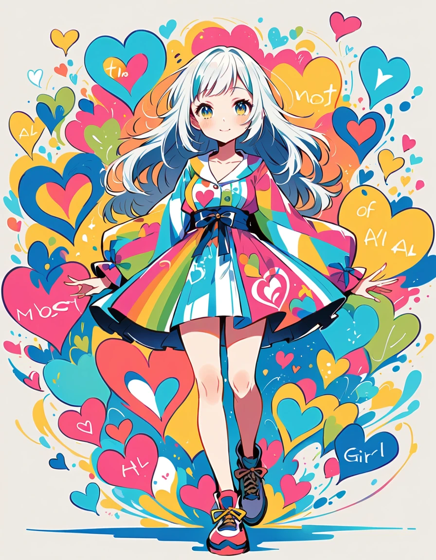 Mika Pikazo style, Simple Line Initialism,Abstract art,Urban Background, colorful hearts ,colorful hearts, (((The most beautiful girl of all time))), walking, Cute and colorful amoeba