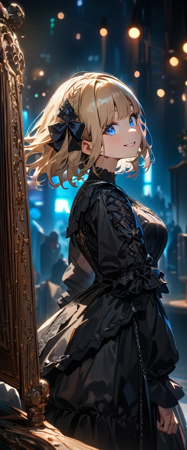 (((One girl))), Shibuya, blond hair, bob cut, (looking at viewer), upper body, breasts, teenager, head tilt:1.3, (((blue eye))), constricted pupils, (from side:1.3), ((happy smile)), (((gothic lolita:1.3))), gold and black, hair ornament, hair ribbon, anime style, (best quality, 4k, 8k, highres, masterpiece:1.2, ultra-detailed, ultra-detailed eyes, HDR, UHD, studio lighting, ultra-fine painting, sharp focus, physically-based rendering, extreme detail description, professional, vivid colors, bokeh)