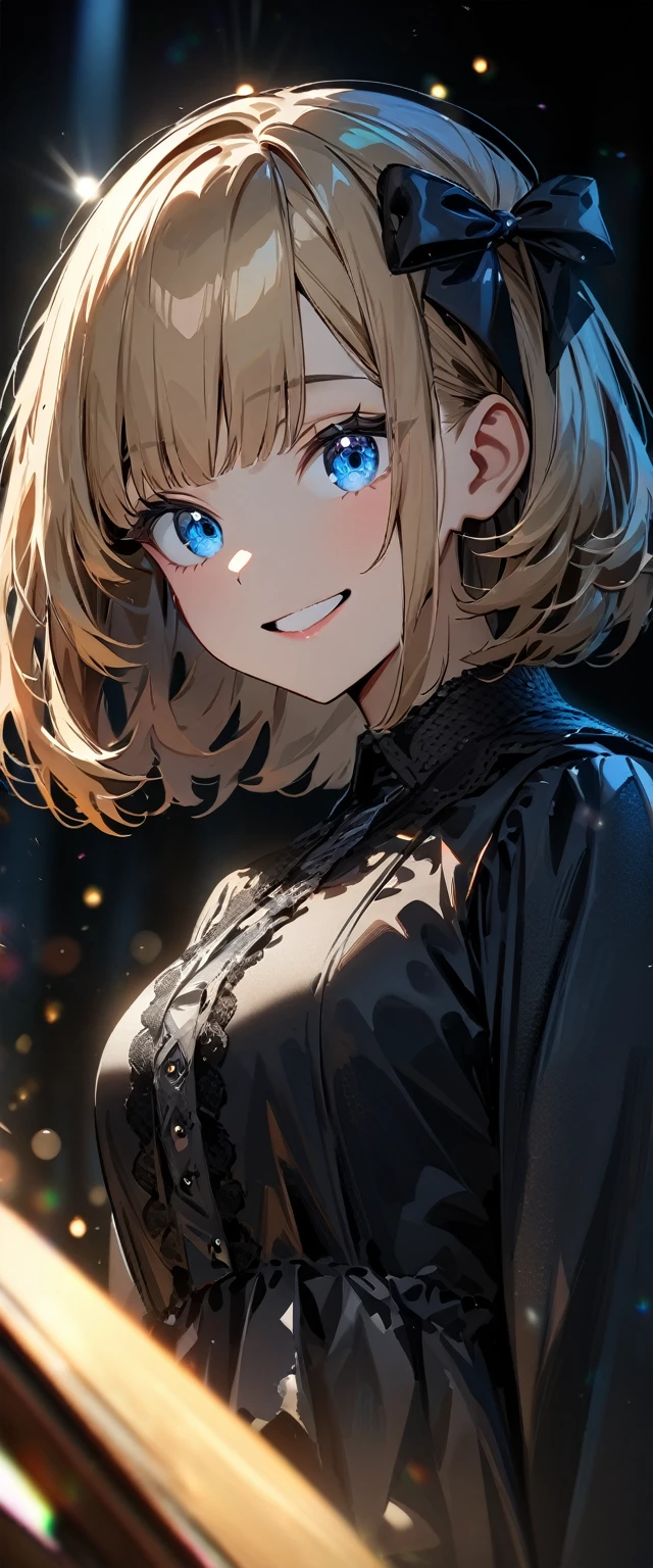 (((One girl))), Shibuya, blond hair, bob cut, (looking at viewer), upper body, breasts, teenager, head tilt:1.3, (((blue eye))), constricted pupils, (from side:1.3), ((happy smile)), (((gothic lolita:1.3))), gold and black, hair ornament, hair ribbon, anime style, (best quality, 4k, 8k, highres, masterpiece:1.2, ultra-detailed, ultra-detailed eyes, HDR, UHD, studio lighting, ultra-fine painting, sharp focus, physically-based rendering, extreme detail description, professional, vivid colors, bokeh)