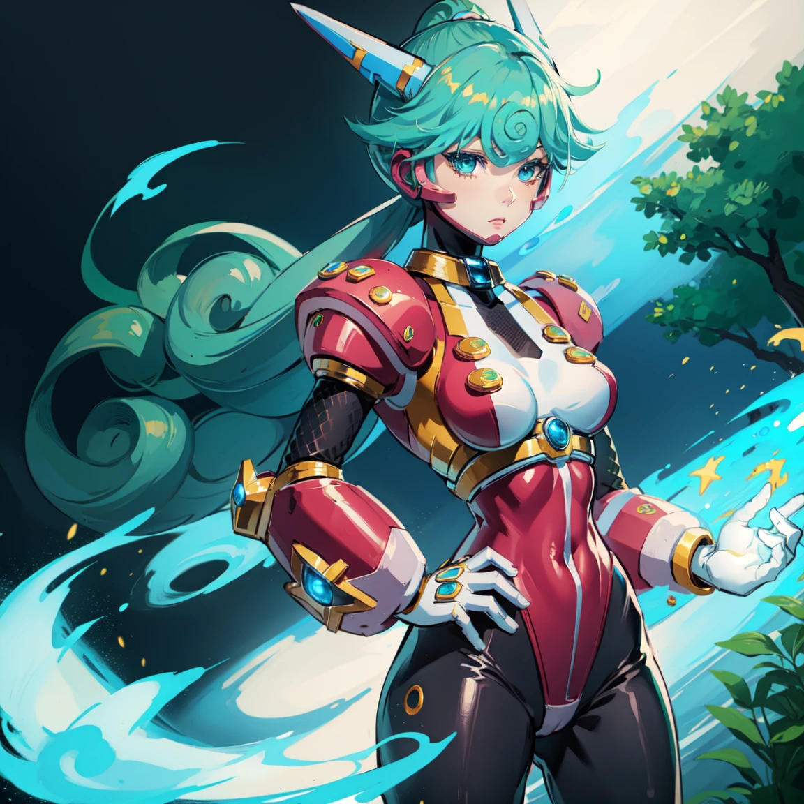 marino_megamanx, 1girl, green hair, blue eyes, ponytail, detailed face, breasts, high quality, masterpiece, standing with green flames coming from a tree