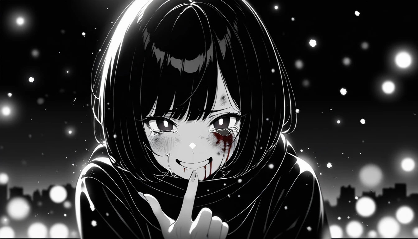 masterpiece, best quality, 1girl, momose_(oqo) official art, grayscale, manga style, japanese, chi no wadachi, black eyes, glowing white pupils, street, iced, black hair, schoolbag, smile, crying, tears, tears streaming, blood, blood_from_mouth, bruise, nosebleed, lineart, face against the ground, looking at viewer, blood on face, black coat, black scarf, 35 years old, mature_female:1, tall, fair skinned, bokeh background, streaming, bob cut, light particles, centered, snowing, emotional anime scene, (very aesthetic, best quality, ultra detailed), intricate details, red and blue lights flashing, camera glare, finger_gun:2.5