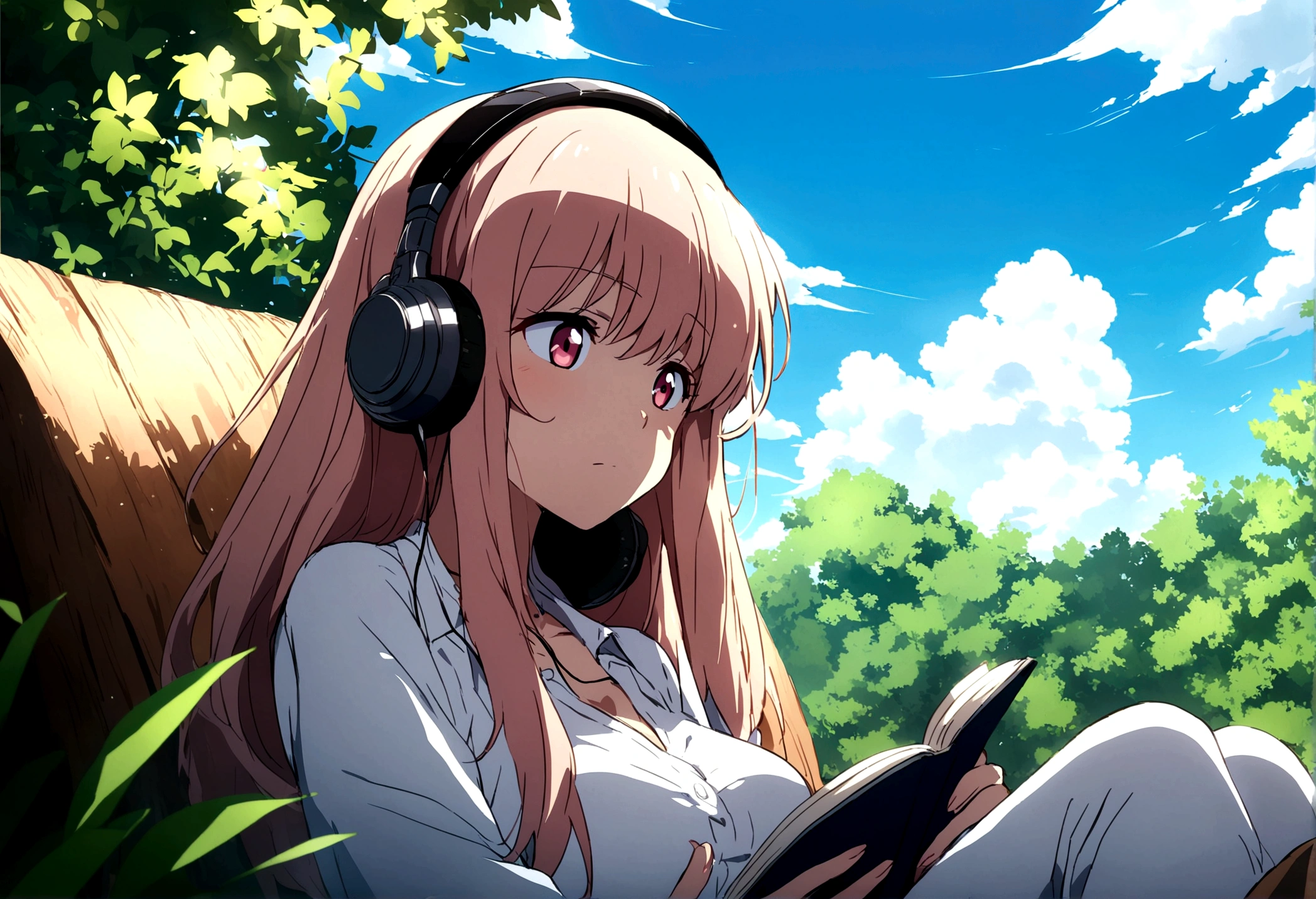 anime feelings,
view, sky, outdoor, no human, cloud, day,girl reading a book,under the tree,Put on the headphones.,