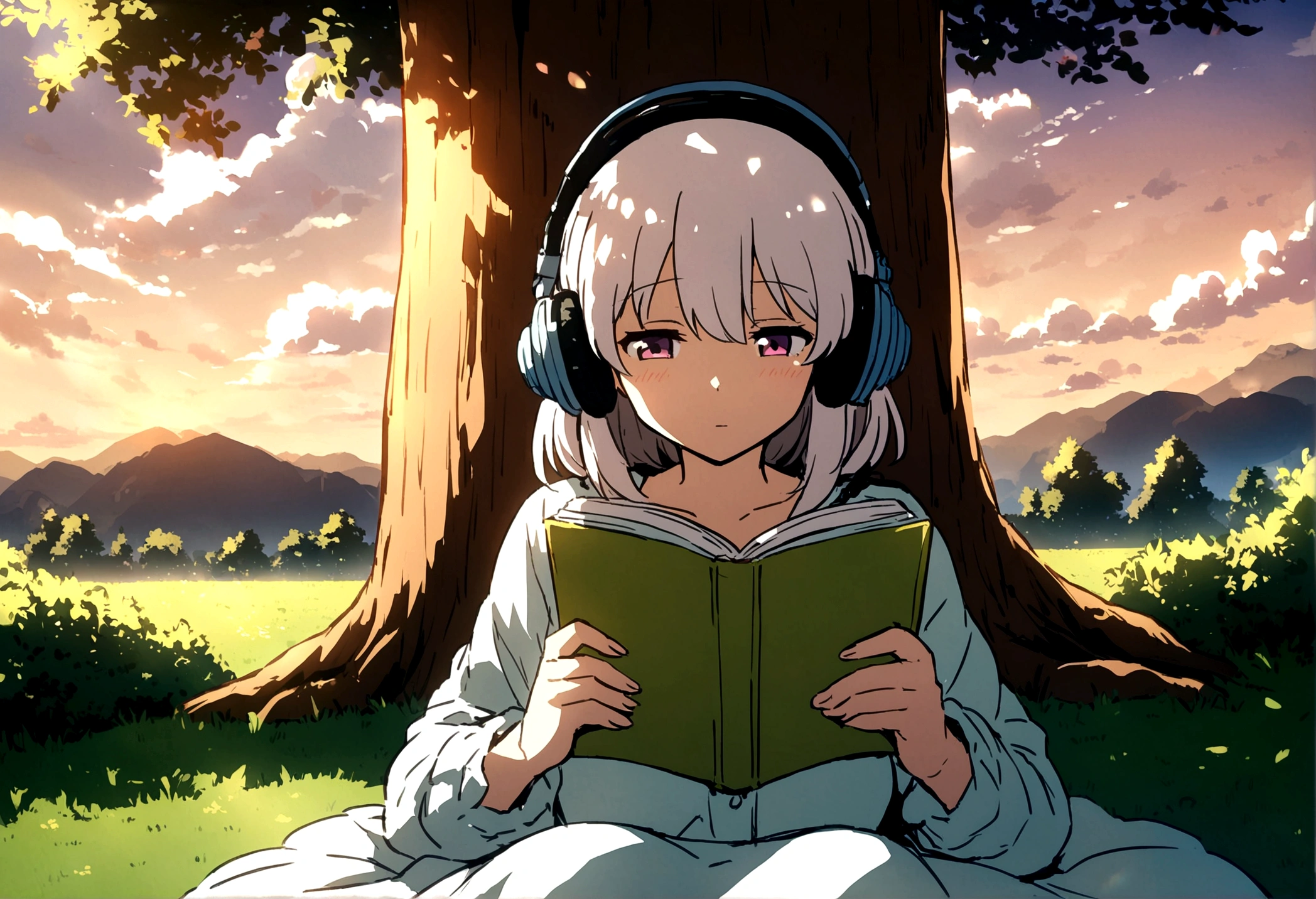 anime feelings, 
view, sky, outdoor, no human, cloud, day,girl reading a book,under the tree,Put on the headphones.,