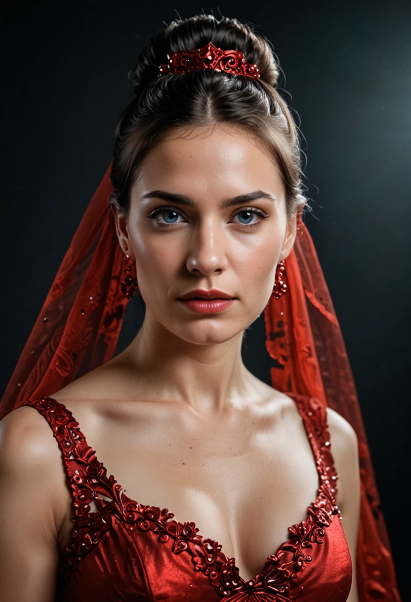 (highest quality,4k,8k,High resolution,masterpiece:1.2),super detailed,(realistic,realistic,realistic:1.37),beautiful detailed blue eyes,long black hair in a high bun,detailed red veil,sharp focus,Professional,Bright colors,dark background,studio lighting、cleavage ,Full body, enhance body
