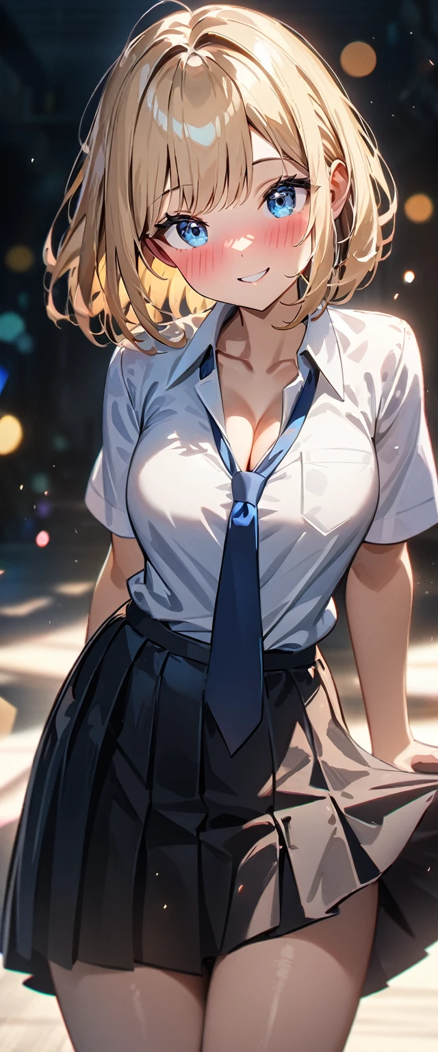 (((One girl))), blond hair, bob cut, (cowboy shot), (looking at viewer), breasts, teenager, head tilt:1.3, (((blue eye))), ((happy smile)), ((full face blush)), school summer uniform, white shirts, tie, black skirt, cleavage, anime style, (best quality, 4k, 8k, highres, masterpiece:1.2, ultra-detailed, ultra-detailed eyes, HDR, UHD, studio lighting, ultra-fine painting, sharp focus, physically-based rendering, extreme detail description, professional, vivid colors, bokeh)