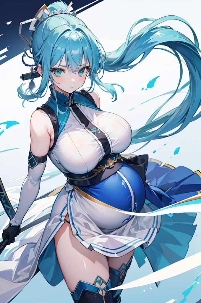 4K,high resolution,A woman,Light blue hair,Long Ponytail,Weaving,Green Eyes,Large Breasts,warrior,白色のwarriorの鎧,Maid uniform,sleeveless,Long white gloves,White boots,black,Japanese sword，Pregnant