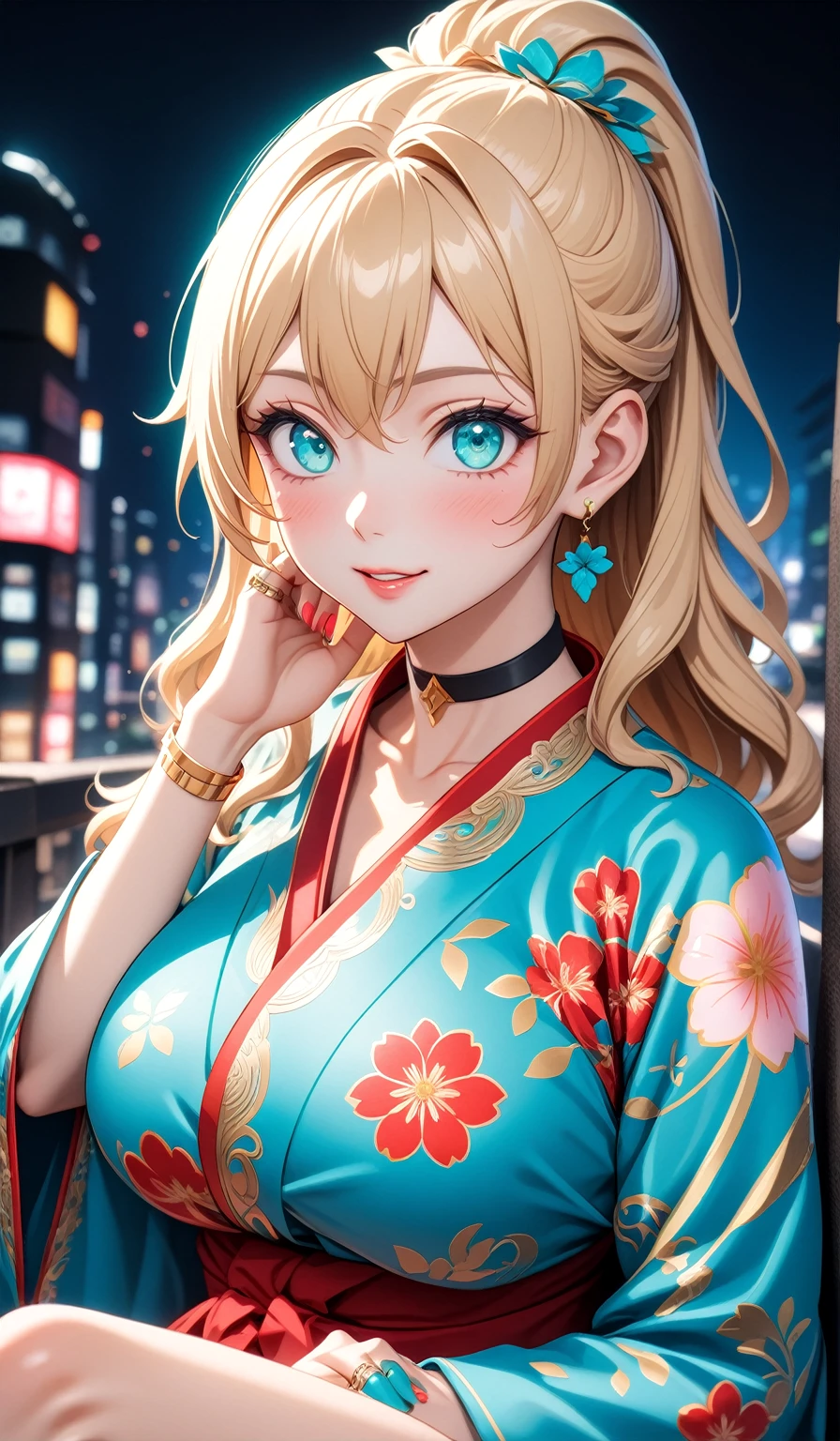 ((One personの女性)), Beautiful Face, (Laughing embarrassedly), (naughty face:1.2), Laughing with your mouth open,((Bright red cheeks:1.4)),Shiny red lips((crossed legs:1.4)), panty shot, Touching hair with hands,looking at viewer, Night view,Heights, firework,Facial lighting, ((Anime style background)),masterpiece, Highest quality, so beautiful,up to date, Complex details, (Pink long nails),(ring),(bracelet),(choker),AI-generated, Complex,High resolution, Highest quality, super high quality,3D Images、3D Images,One person,Long blonde hair,ponytail, wavy hair ,Anime woman posing for a photo, ((Fine grain、Turquoise Eyes、Shining Eyes:1.3)), (Squint your eyes:1.1),a hyperRealistic , hyperRealistic , Realistic,Anime woman with long white hair, Smooth anime CG art, A woman in a colorful kimono with gold embroidery, (Pink long sleeve kimono),Red floral pattern,Long flower hair ornament,Earrings,Mature Body,(Big Breasts:1.1),Tall,Abdominal muscles,Tight waist,(Zoom up to face:1.1), (front view),