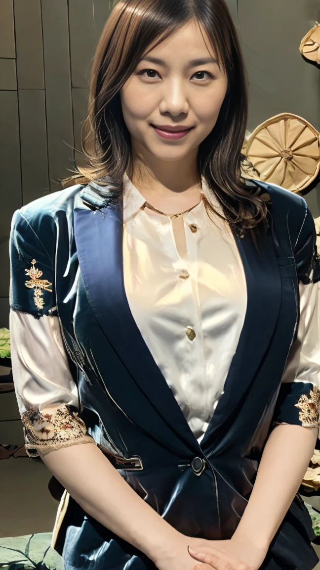 A woman of about 40 poses in front of an office window,, shot from above, White skin, Shiny complexion, wearing a blazer,black lence stockings, Lace lingerie big breasts. high-heels, Hair is clean and tidy. Her face is delicate, Show beautiful eyes, Lips, and perfect fingers. The woman has a completely anatomically correct body. She stood in a luxurious office,There are some greenery,A watch,.Wear rings and glasses Wear pantyhose、 ,Expose cleavage,,, Wear bras and panties, Woman in a suit, , RAW photo, (8K、top-quality、tmasterpiece:1.2)、(intricately details:1.4)、(Photorealsitic:1.4)、octane renderings、Complex 3D Rendering Ultra Detail, Studio soft light, rim lights, vibrant detail, super detailing, realistic skin textures, Detal Face, Beautiful detail eyes, Very detailed CG Unity 16k wallpaper, Makeup - makeup, (detailedbackground:1.2), Bare with thighs!!!,gigantic cleavage breasts、Shoot from above