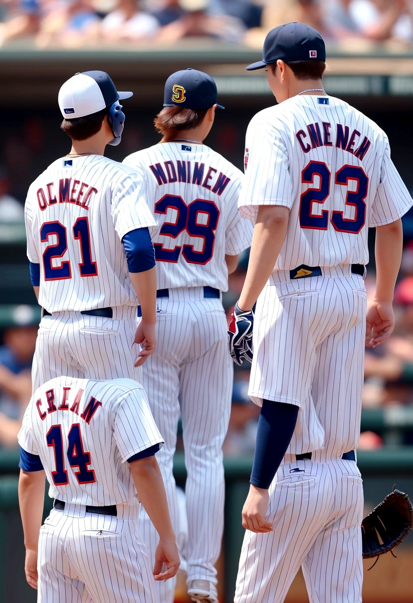 Sunshine Boys,Attractive temperament,Baseball uniforms,Crooked baseball cap,Please wear a baseball glove on your right hand,Back view,Taken from behind