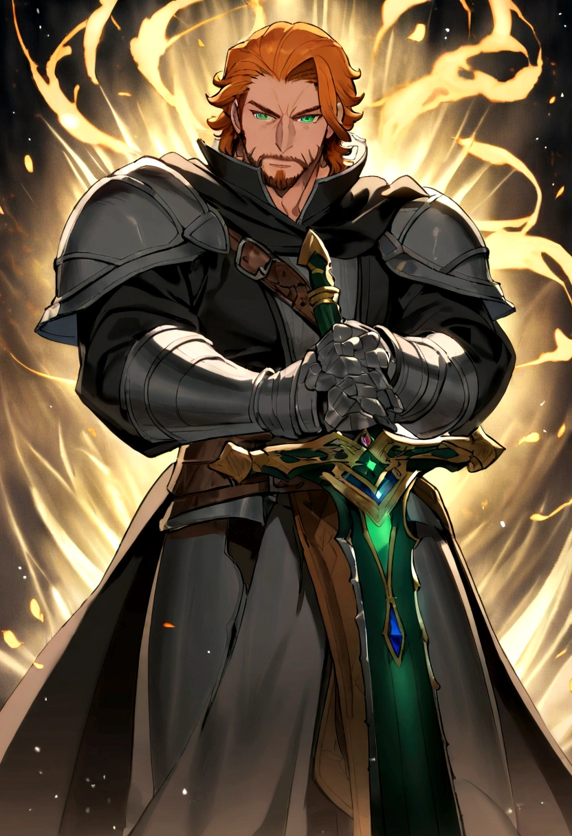 1 medieval man in large armor with black cape, en una mazmorra estilo d&d, / (The appearance is of a mature man with short orange hair with yellow highlights and blue and green eyes.), with a gigantic and shiny sword in his hands, the stage is full of particles emanating from the sword