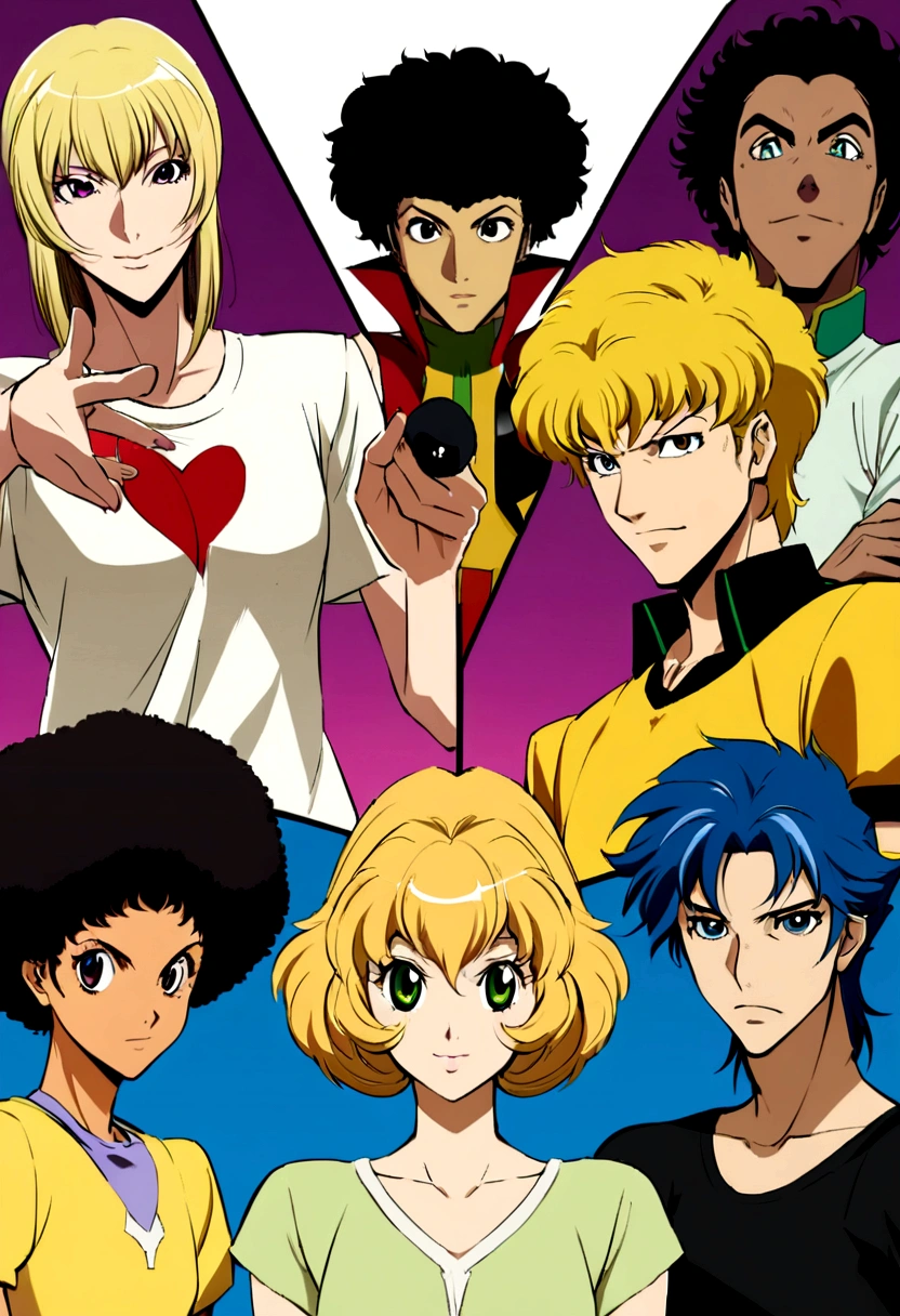 néo-(photoréaliste - Keyshot - Cowboy Bebop, illustrateur d&#39;anime, interprétation) portrait de face fille noir avec cheveux afro, t-shirt jaune, lèvres pulpeuse , grand yeux clairs