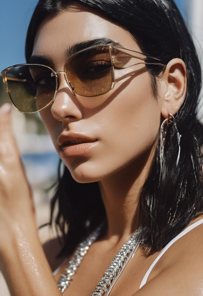  high quality  Erotic portrait  paparazzi photo ,  (gorgeous celebrity , woman, DuaLipa, dishap, dua lipa, duxlipa, female, singer, cute, vacation  side background , wet atmospheric , random click, random move photograph  , photorealistic , celebrity , woman ) sunbathing , topless , shiny breast ,shiny sweaty skin , sexualized move, erotic angles, sweaty  flat breas,t celebrity erotic photograph  , fit muscular figure , shiny sweaty skin, hollywood actress , fleshy muscular woman  , ( natural lights, depth of field, detailed face , insanely detailed skin texture, hyper detailed features )