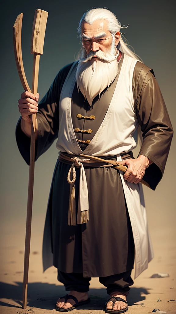 Ancient Chinese thinker, thin old man, long white beard, thin hair, holding a thin cane in his hand, facing forward, speaking, Ghibli anime style