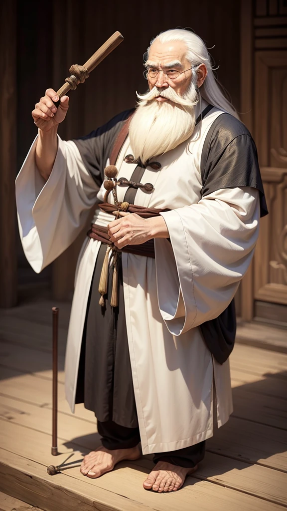 Ancient Chinese thinker, thin old man, long white beard, thin hair, holding a thin cane in his hand, facing forward, speaking, Ghibli anime style