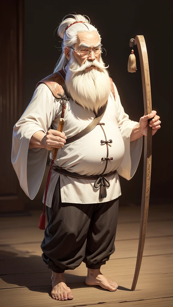 Ancient Chinese thinker, thin old man, long white beard, thin hair, holding a thin cane in his hand, facing forward, speaking, Ghibli anime style