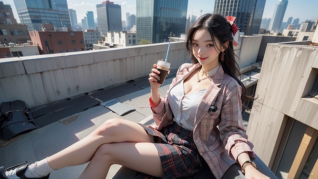 8K、RAW Photos、Highest quality、Super detailed、Super Resolution、Ultra HD、8K壁紙、Amazing details blazer uniform girl ((White blouse with formal collar, Pink Blazer, Black plaid skirt, Red checkered ribbon on blouse)), Complete limbs, Full Finger,
((((((Skyscraper rooftop cafe))))))、(((((I can see a lot of high rise bulls.)))))(((16 year old female student)))、(((Eat cake、Drink coffee、smile)))、Heart Necklace、Gold bracelet
((Emphasize cleavage))
((((Woman sitting at the window seat))))