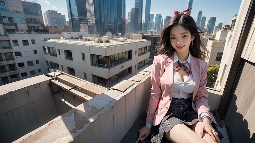 8K、RAW Photos、Highest quality、Super detailed、Super Resolution、Ultra HD、8K壁紙、Amazing details blazer uniform girl ((White blouse with formal collar, Pink Blazer, Black plaid skirt, Red checkered ribbon on blouse)), Complete limbs, Full Finger,
((((((Skyscraper rooftop cafe))))))、(((((I can see a lot of high rise bulls.)))))(((16 year old female student)))、(((Eat cake、Drink coffee、smile)))、Heart Necklace、Gold bracelet
((Emphasize cleavage))
((((Woman sitting at the window seat))))