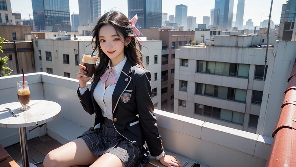 8K、RAW Photos、Highest quality、Super detailed、Super Resolution、Ultra HD、8K壁紙、Amazing details blazer uniform girl ((White blouse with formal collar, Pink Blazer, Black plaid skirt, Red checkered ribbon on blouse)), Complete limbs, Full Finger, 
((((((Skyscraper rooftop cafe))))))、(((((I can see a lot of high rise bulls.)))))(((16 year old female student)))、(((Eat cake、Drink coffee、smile)))、Heart Necklace、Gold bracelet
((Emphasize cleavage))
((((Woman sitting at the window seat))))
