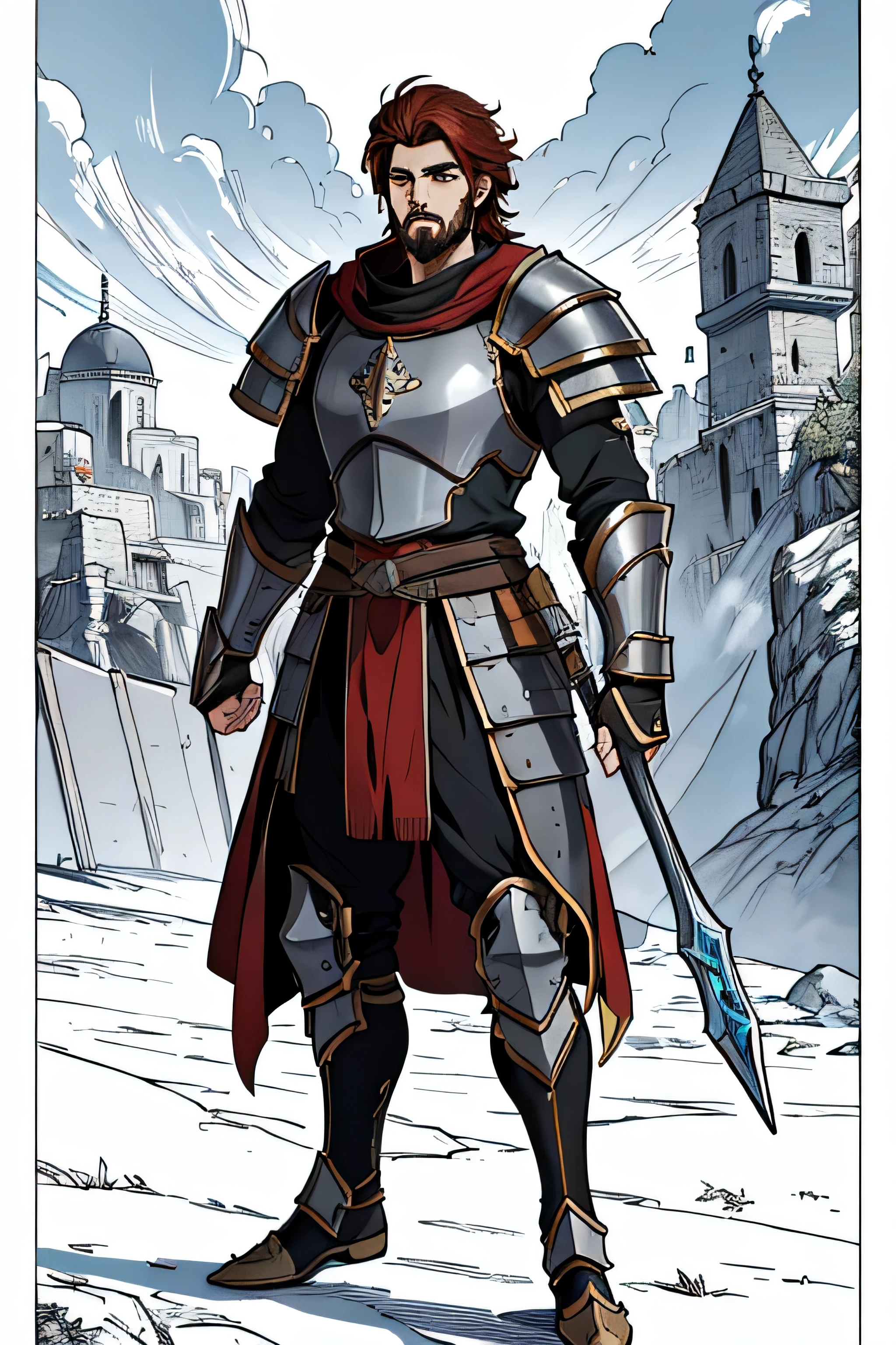 Lamellar armor, Man, athletic, handsome, 8k, masterpiece, medieval fantasy character, dark auburn hair, hazel eyes, goatee, athletic, best quality, hi-res, hi-resolution, , colored lineart