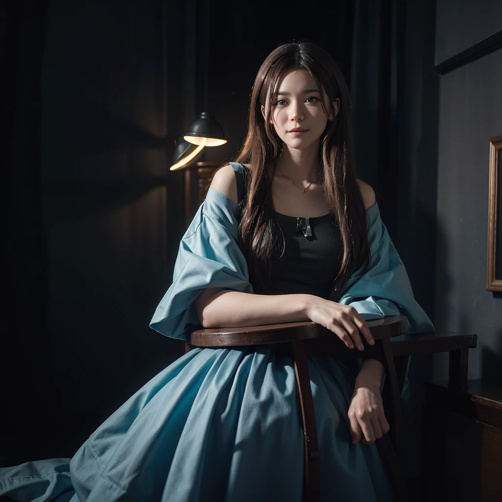 (front focus), (in the dark:1.6), Hyperrealist portrait of female by david hockney and alphonse mucha, fantasy art, photo realistic, dynamic lighting, artstation, poster, volumetric lighting, very detailed faces, 4 k, award winning, 1girl, in the dark, deep shadow, low key, cowboy shot, (official clothing:1.4), long hair, white hair, smile, ultra detailed skin,