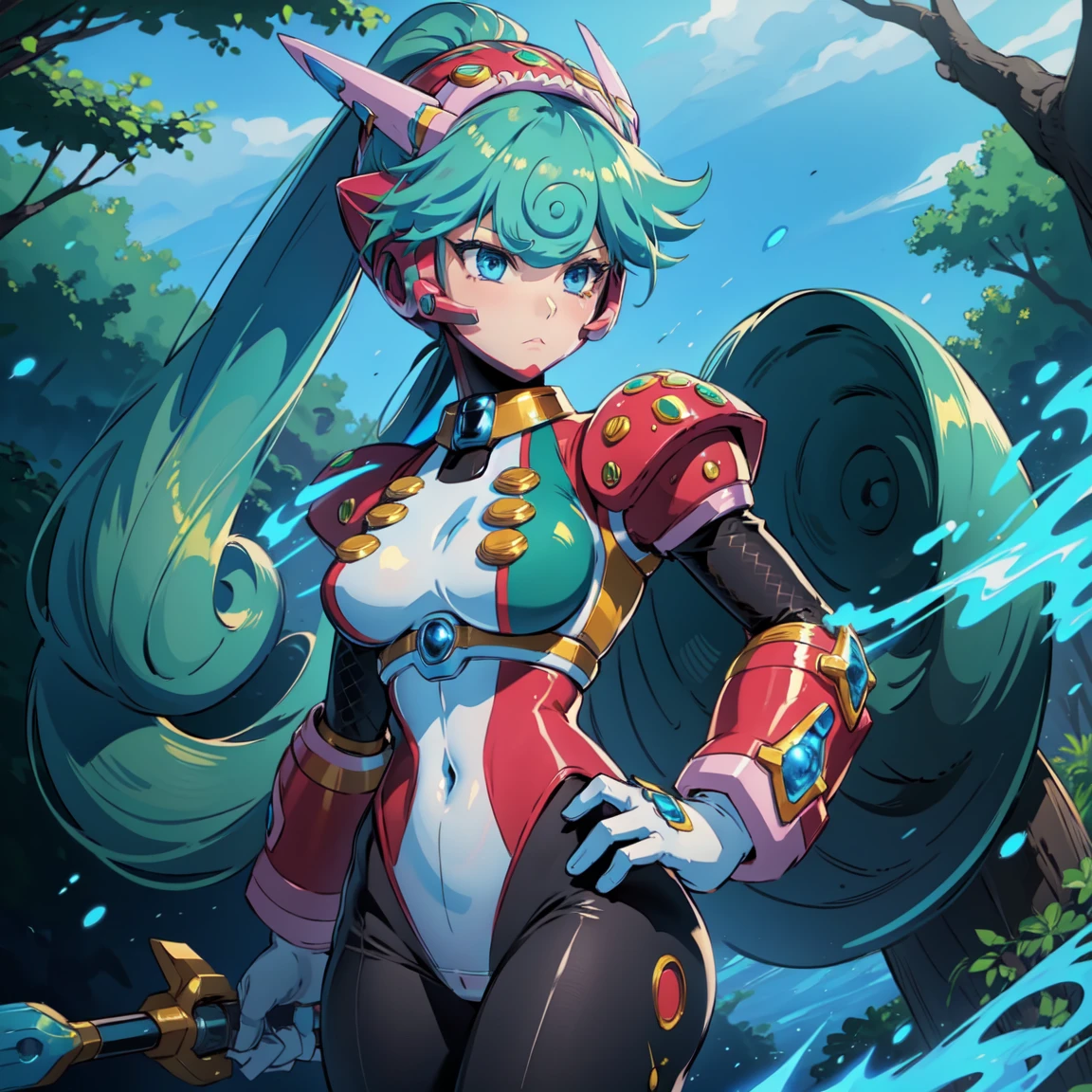 marino_megamanx, 1girl, green hair, blue eyes, ponytail, detailed face, breasts, high quality, masterpiece, standing with green flames coming from a tree
