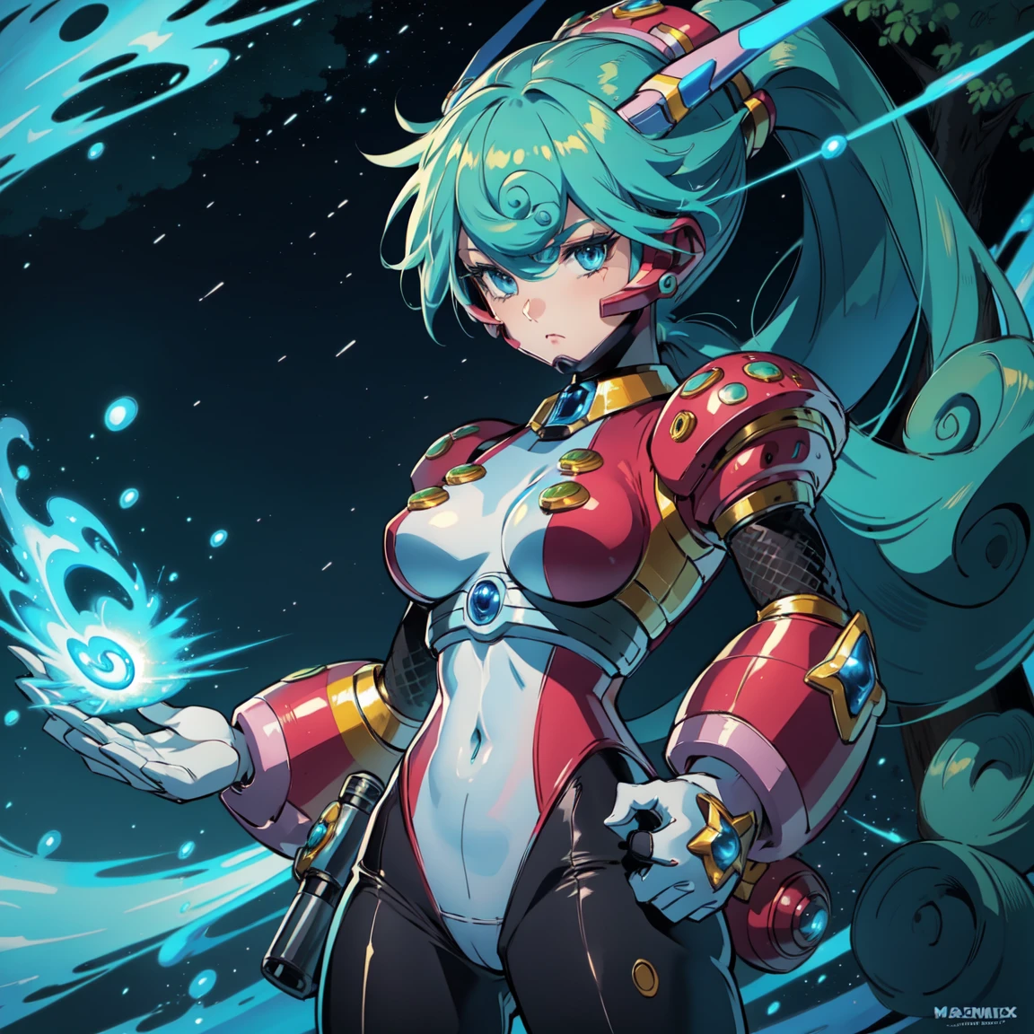 marino_megamanx, 1girl, green hair, blue eyes, ponytail, detailed face, breasts, high quality, masterpiece, standing with green flames coming from a tree