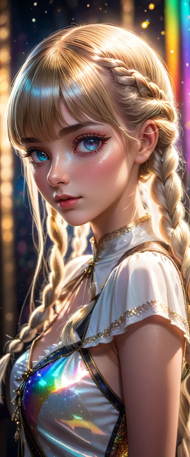 fantasy girl with one long white braid, bangs, eyeliner, (Glitter Pupil)), (Colorful: 1.5), (Hyper-detailing), (exquisite details)), (complex details), ((Cinematic light, Top Quality Backlight)), High contrast, ((BEST lighting, Very delicate and beautiful)), ((Cinematic light)), (ray-traced reflection, Shine) (Glowing aura)), Shock sensation, (Real: 0.5), Original 2 High Saturation,