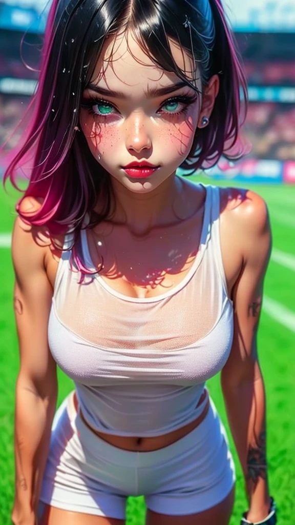 1girl, solo, sharp nose, (reddish mouth:1.2), ((blush)), eye-catching lips, shonen style, focused, (pale skin), (green eyes:1.3 | clear eyes:0.7), wide eyes, (neon lighting:0.7), ((on a football field)), (green lawn), scenery +, rainy day, hot, black clouds, (all wet), (white hair:1.2 | purple hair:1.0 | pink hair:0.8), (large buttocks:1.0), (ashamed:1.1), pixie cut, ahoge, (short white shorts), (white tank top), ((white band on forehead)), (thin face), ((sharp focus)), (((masterpiece))), (detailed clothing:1.3), (detailed body:1.2), ((perfect face)), ((perfect nose)), ((perfect eyes))