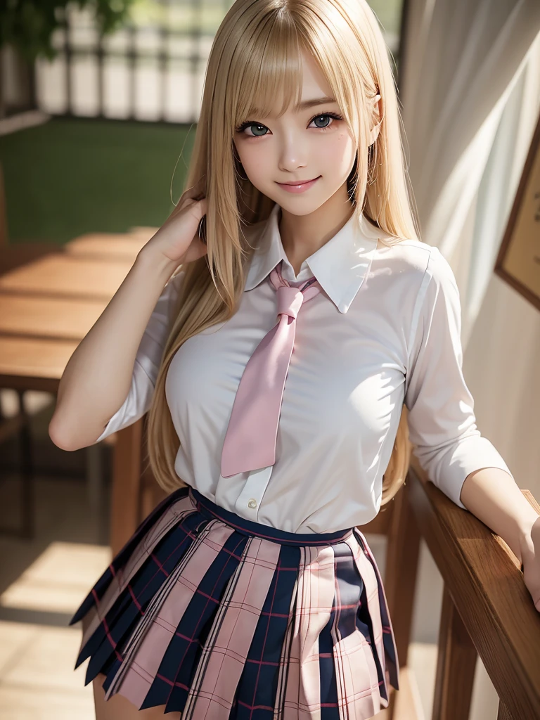 8K, Highest quality, The real picture, Intricate details, Very detailed, Ultra-high resolution, Depth Field,(Realistic,Realistic:1.2),Tabletop , (Full Body Shot) , From the middle , 1 girl, eye_Chan, Very beautiful 17 year old girl, innocent big eyes,、Beautiful breasts:1.5、非常に詳細なeye:1.2)、(Beautiful breasts:1.1)、((Blonde))、(Long Bob Hair), Asymmetrical bangs, Perfect Skin, Fair skin, Small breasts, Tight waist, alone, Staring at the audience, (smile)、((School_uniform), (White shirt、Wear a tie), (Pink checkered pleated micro mini skirt), ((Fold your arms in front of your chest and act arrogantly)), ((楽しそうなsmile)), ((Perfect hand shape))