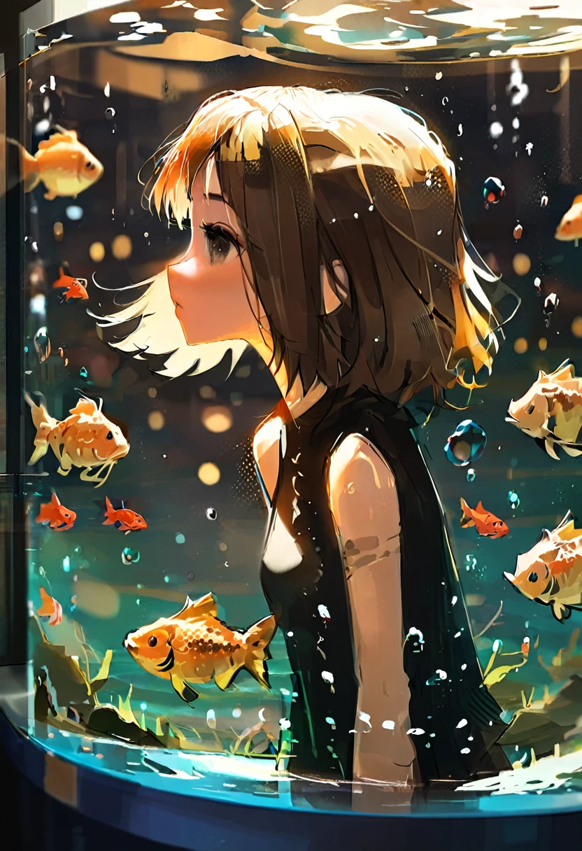 A beautiful lady, bob cut hair, watching gold fish in fish tank, gold fish watching her, side profile, extreme detail, cinematic, cinematic lighting, bokeh, very realistic, focus on face