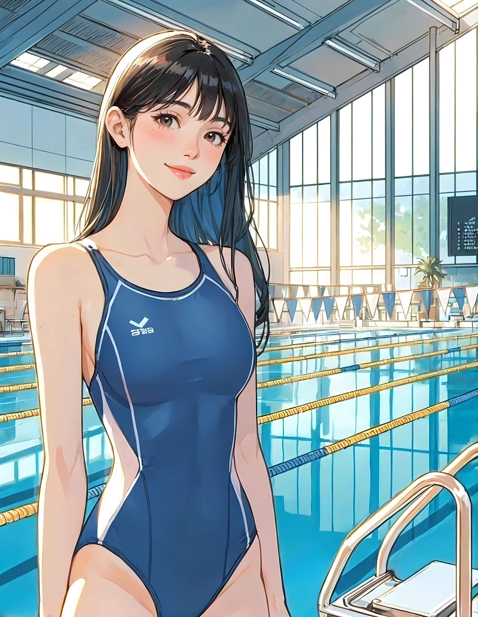 1lady solo, standing on poolside floor, (competition swimsuit) stylish, (mature female:0.8), /(black hair/) bangs, blush kind smile, (masterpiece best quality:1.2) delicate illustration ultra-detailed, large breasts BREAK (swimming pool) indoors, course rope, hanging flags, detailed background