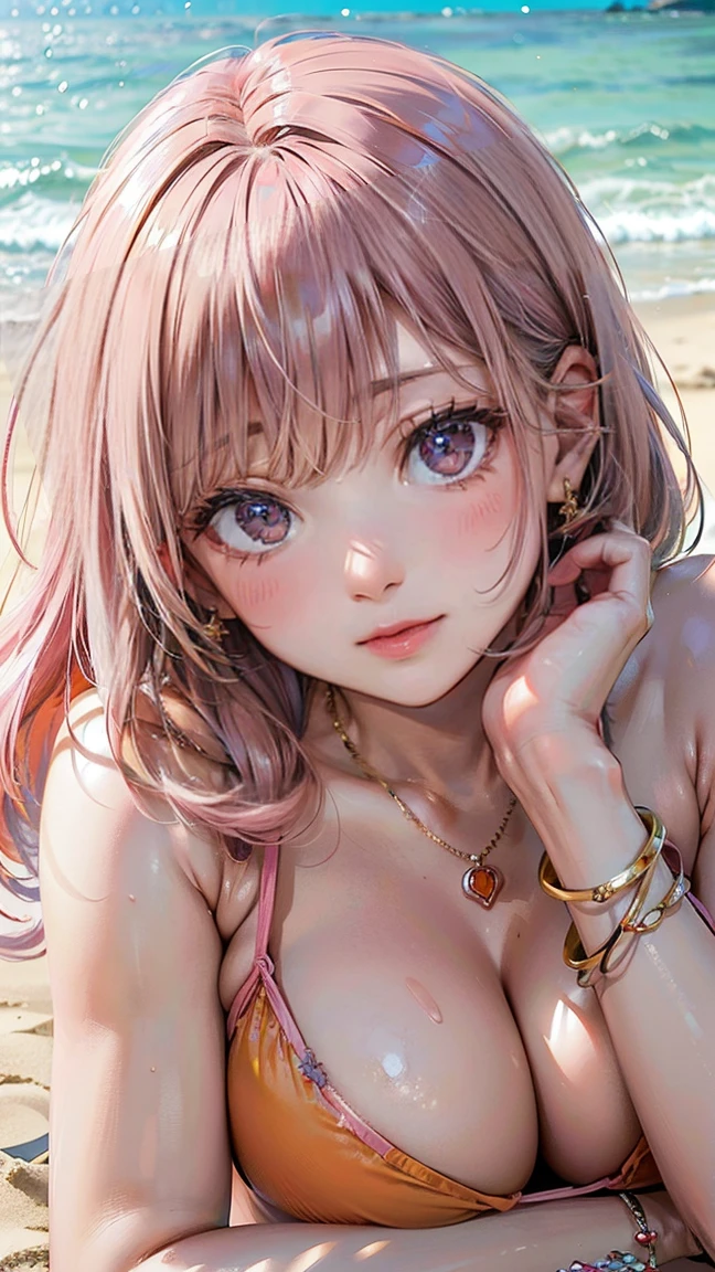 (Masterpiece, BestQuality:1.3), (ultra detailed:1.2), (hyperrealistic:1.3), (RAW photo:1.2), High detail RAW color photo, professional photograph, (Photorealistic:1.4), (realistic:1.4), (Pink Hair:1.5), professional lighting, perfect anatomy, (Big Breasts:1.2), (blush, detailed face), (cheerful Smile:1.5), Trending Hair&Trending Hairカラーをランダムに, earrings, necklace, bracelet, sexly, erotic sexly, Random sexy gravure poses, (A woman in an orange bikini、She is lying on the beach and posing sexy with a happy smile.。Pink Hairのロングヘアが広がっている。:1.3)