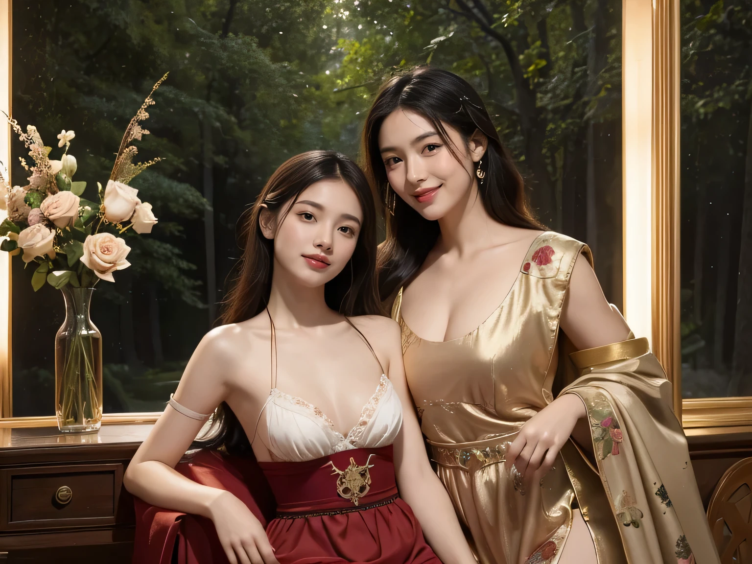 Giorgione painting style,Arguments of two female Philosophe,math、astronomical machine、astronaut、roses in vase、fruits、Cute trinkets、smile、ancient greek costume、Background is a forest lake at night 、Clothes that stretch your shoulders、A big smile、beautiful bare skin、A detailed representation of the seducing woman throughout her body.sexy,erotic smile