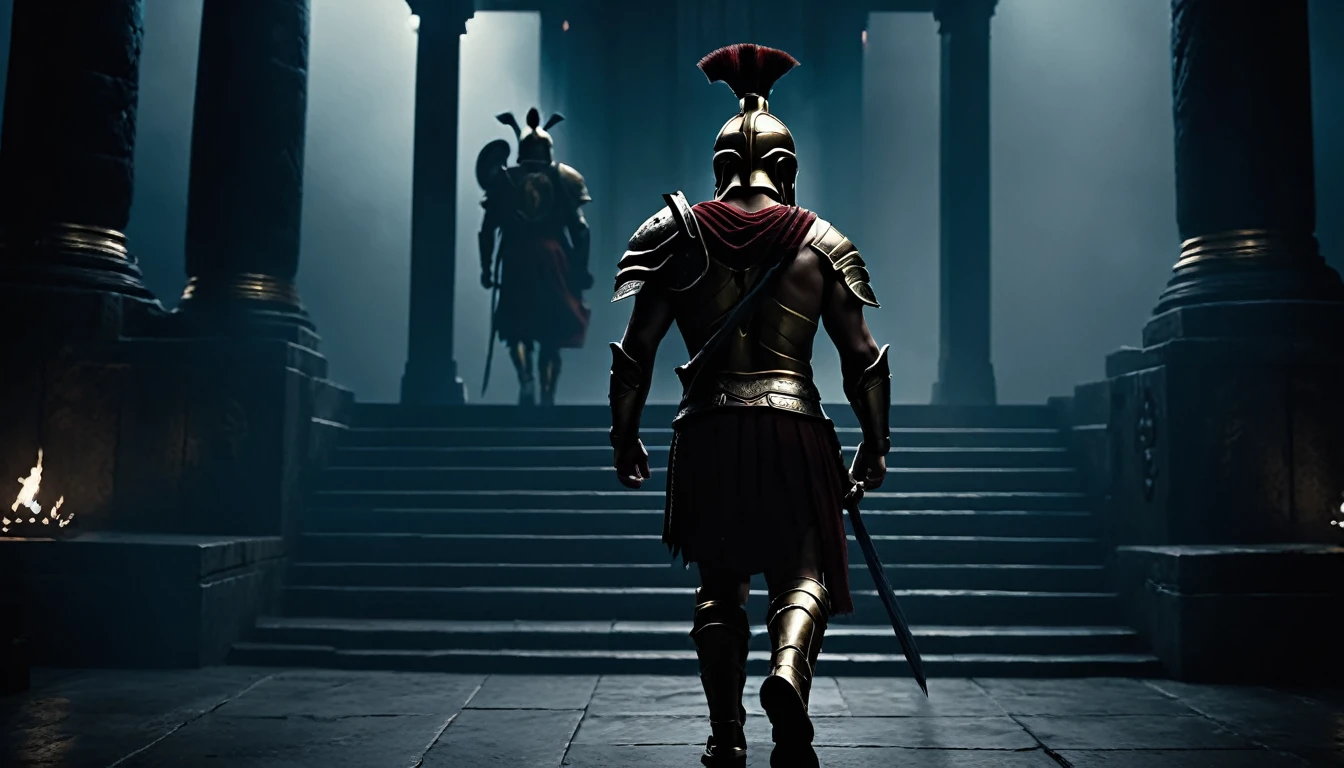 back view cinematic shot of a spartan warrior walking towards steps that are leading to a throne, dark atmosphere, cinematic, 8khd