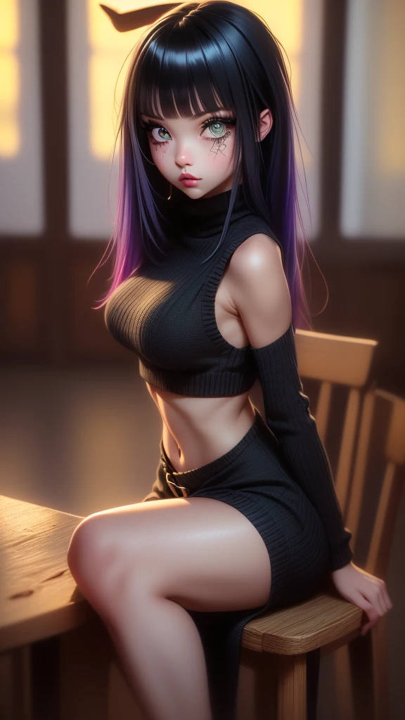 masterpiece:1.2, best quality:1.5, highly detailed, depth of field, cinematic lighting, intricate, 8k wallpaper, cg, intricate detailed eyes, glowing eyes:1.1, colorful eyes, best eyes, sharp eyes, sharp focus,
1girl1.2, (Fern (Sousou No Frieren)), ((virgin killer sweater, long sweater:1.5, sweater dress:1.5, thigh length sweater, black thigh band, turtle neck:1.2, sleeveless:1.5, side boob:1.5, side window:1.2, side cutout:1.4, hip window:1.4, hip cutout:1.2)), BREAK
((large breasts:1.1, very small waist:1.4, wide hips:1.4, thick thighs:1.2, glossy lips:1.5)), BREAK
((expressive face, large eyes:1.5, expressionless:1.4, long hair, bangs, (purple eyes:1.1), purple hair, long sidelocks:1.2, blunt bangs:1.2, (bright pupils:1.5), hair down:1.4, blunt hair)), BREAK
((indoors:1.5, yellow lighting:1.2, fantasy tavern scenery:1.5, wooden furniture, wooden table:1.2, wooden beer mug on table:1.5)),
((sitting:1.5, on chair:1.2, from the side:1.4, arms raised:1.2, armpit, looking at viewer:1.2, cowgirl shot:1.5)),
fern
