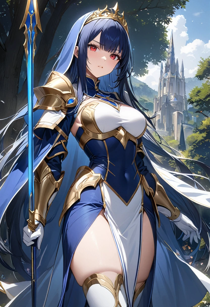 Highest quality、unity 8k wallpaper、32k、masterpiece、Very detailed、Ultra-high resolution、Very detailedな顔, RAW Photos, Professional, Ultra-fine painting、Midnight blue long straight hair、Platinum tiara with blue gemstones、Blue Nun Cape、Red Eyes、(Tree Eyes), Cool and sharp features, hime cut, 20～A female magical warrior, about 24 years old.、White and gold breastplate、Blue and white leotard、(((Blue and white gold-embellished long pencil skirt with side armor and long slits)))、Half puff sleeves with shoulder pads、A large white ribbon with a large sapphire on the chest、White and blue long gloves、(((White and blue thigh-high stiletto boots:1.0)))、whole body、He has a spear with a glowing blue blade,