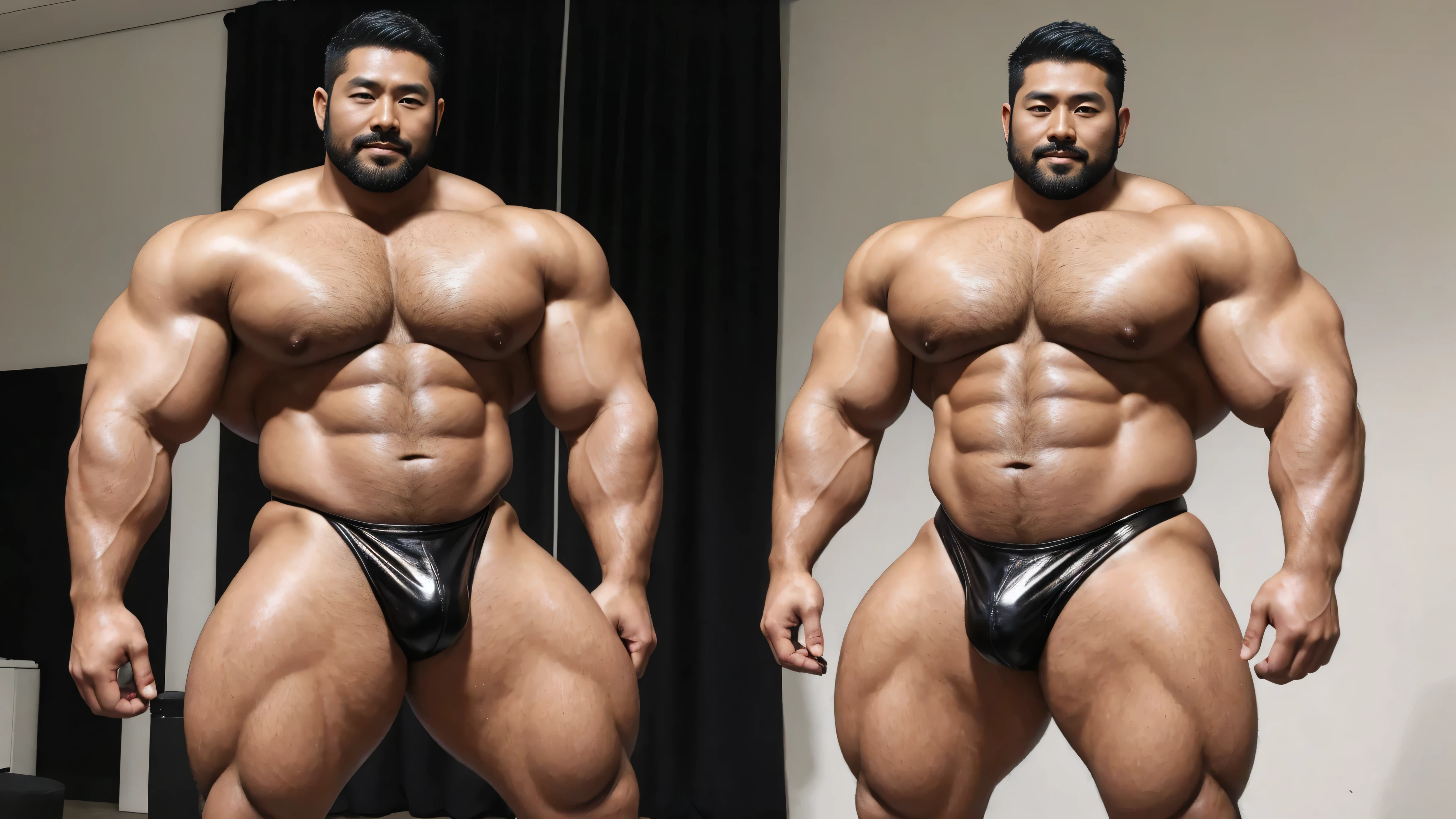 There is only one handsome Asian actor in the photo，35 years old，High target, Fitness，short hair, O-Shaped Beard，Perfect body, Dark skin color，Radiant Skin，Smooth skin，Muscle bulge, muscular, Very large pectoral muscles，Very sexy abdominal muscles，Very well-developed leg muscles，Huge concave and convex area，Brightens oily skin，Wearing black leather shiny thong，Handsome face， Correct and accurate male body proportions, Wear black socks，There are iron chains around the body，Stand among the flowers。
