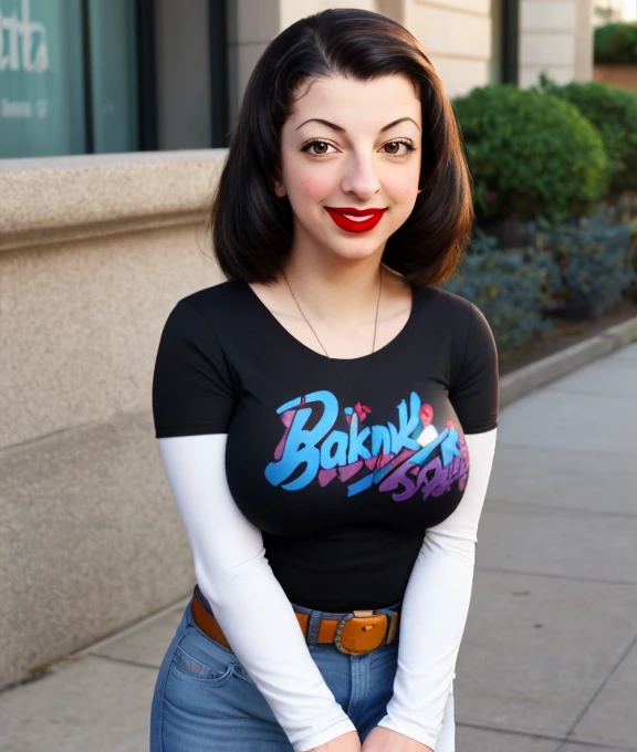 The face of Anita sarkeesian, 1girl, solo, black t-shirt, white shirt, blue jeans, belt, lipstick, large breasts, short over long sleeves