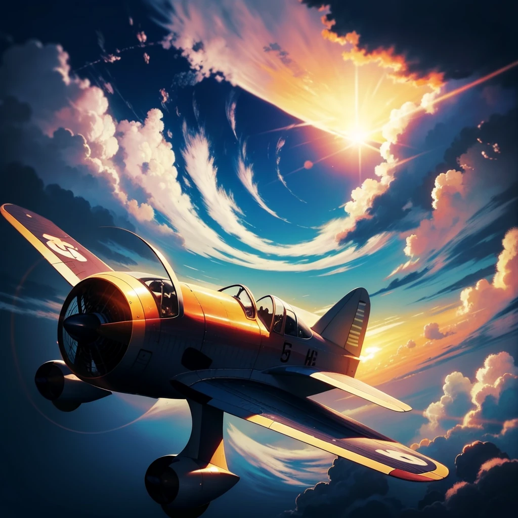 (masterpiece:1.5), highly detailed, realistic, vintage, propeller airplane, flying in a clear blue sky, with fluffy white clouds, golden hour lighting