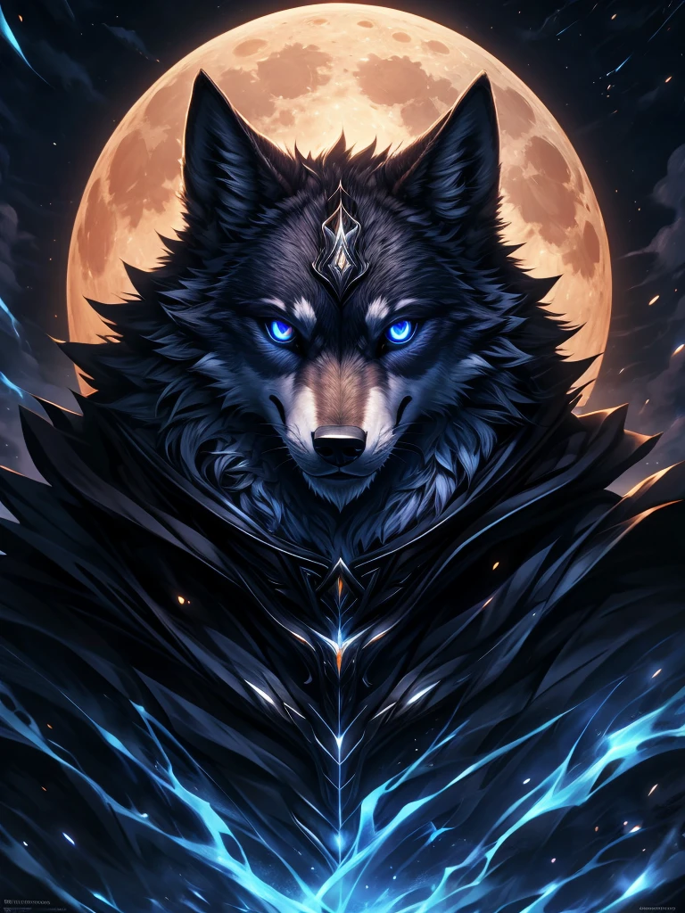 The ultimate wolf of death) Best quality, Ultra-high resolution,1 Furry boy, Solo,Detailed eyes, voluminetric lighting, Amazing, finedetail, , Black cloak , White fur,blue eyes, Black sclera, Bright pupils, Bright atmosphere, Muscular, The entire body of the machine, full moon , blue Moon , (Blue Moon), Woods in the background, Night (Remake 4K),Toned body