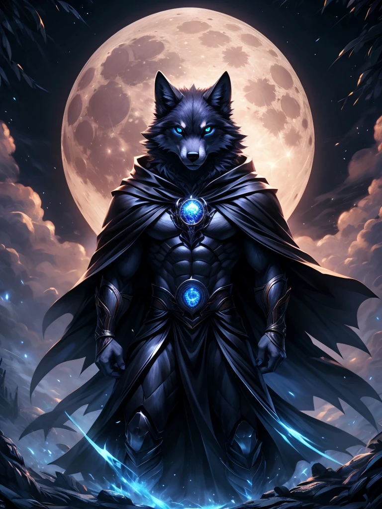 The ultimate wolf of death) Best quality, Ultra-high resolution,1 Furry boy， Solo，Detailed eyes, voluminetric lighting, Amazing, finedetail, , Black cloak , White fur,blue eyes, Black sclera, Bright pupils, Bright atmosphere, Muscular, The entire body of the machine, full moon , blue Moon , (Blue Moon), Woods in the background, Night (Remake 4K)，Toned body


