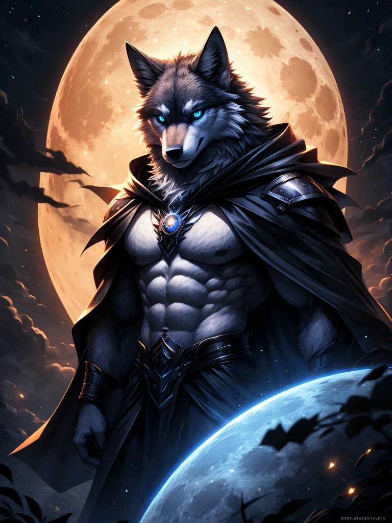 The ultimate wolf of death) Best quality, Ultra-high resolution,1 Furry boy, Solo,Detailed eyes, voluminetric lighting, Amazing, finedetail, , Black cloak , White fur,blue eyes, Black sclera, Bright pupils, Bright atmosphere, Muscular, The entire body of the machine, full moon , blue Moon , (Blue Moon), Woods in the background, Night (Remake 4K),Toned body