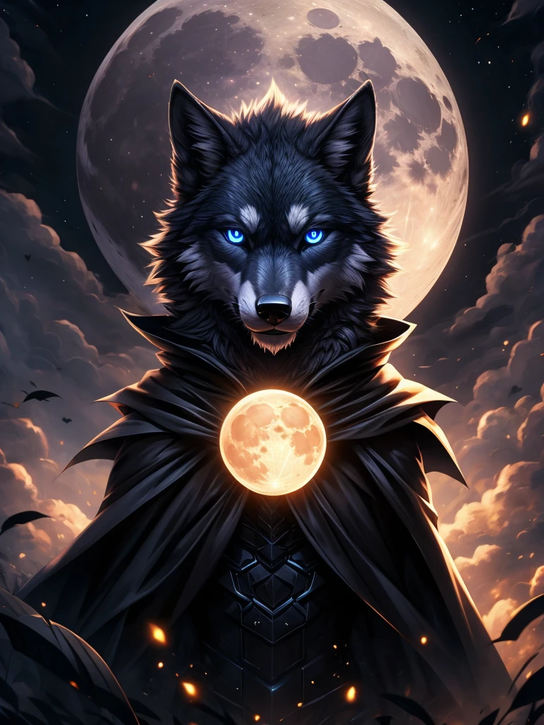 The ultimate wolf of death) Best quality, Ultra-high resolution,1 Furry boy， Solo，Detailed eyes, voluminetric lighting, Amazing, finedetail, , Black cloak , White fur,blue eyes, Black sclera, Bright pupils, Bright atmosphere, Muscular, The entire body of the machine, full moon , blue Moon , (Blue Moon), Woods in the background, Night (Remake 4K)，Toned body


