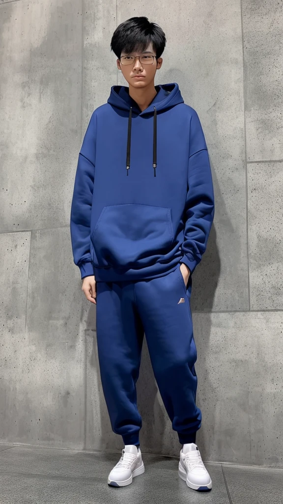 18 year old chinese boy, he is ((oversized xxl blue plain hoodie)), wearing black pants, wearing sneakers, wearing glasses, night club, whole body, (he is 한국 머리카락입니다)  k pop style, short hair, stand 