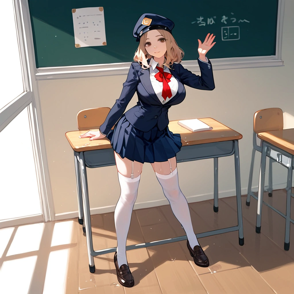 anime artwork, score_9, score_8_up, score_7_up, score_6_up, score_5_up, score_4_up, r,Camie Utsushimi, light brown hair, dark brown eyes,, breasts, , big breasts, at school, (school uniform:1.2), desk, cap, she is 24 years old, , rating explitic, wet whirt, ,horny, solo, , white stockings, shoes,,style_3, text on board, standing, pov viewer pressing her against board